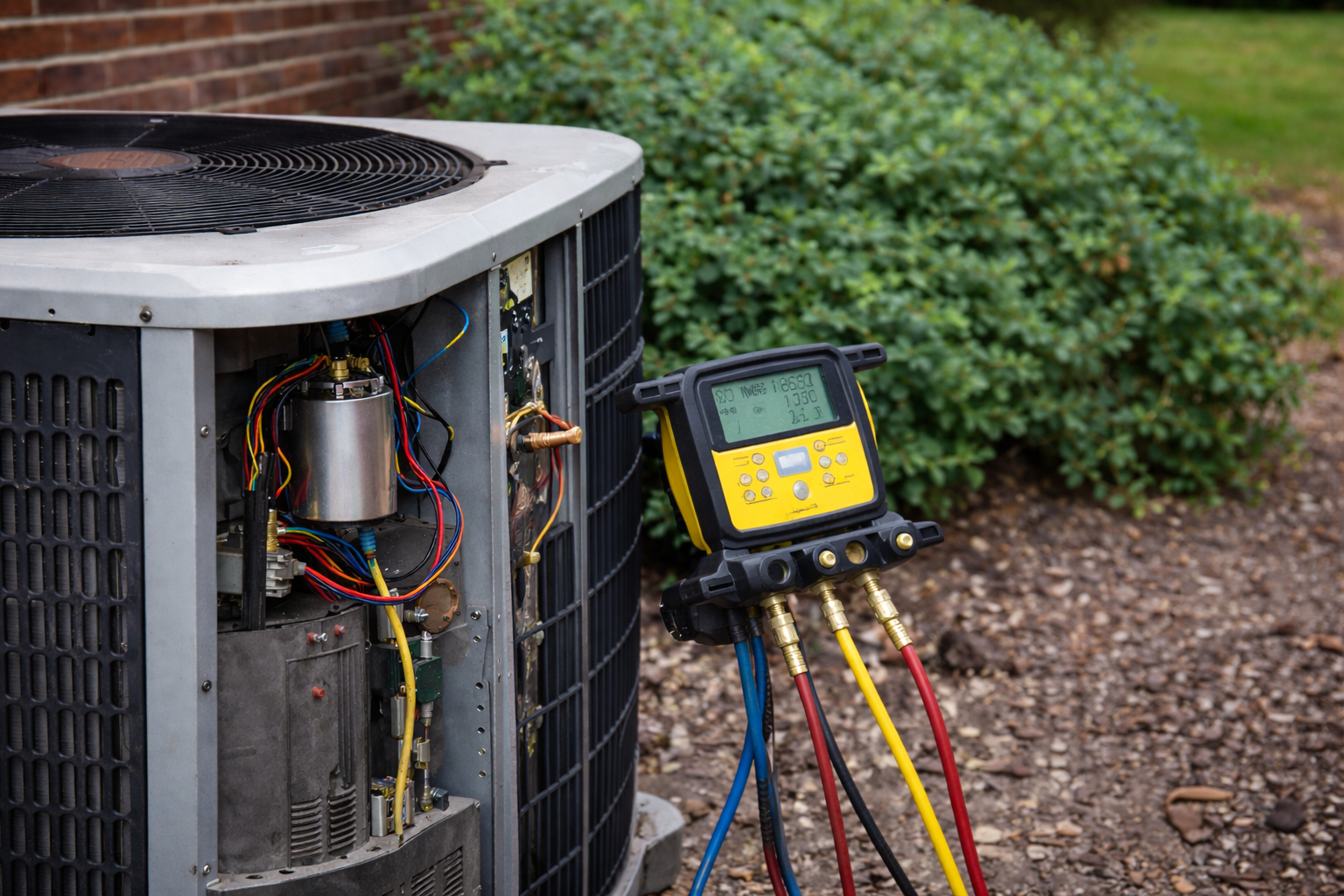HVAC technician servicing an air conditioner in Madison AL